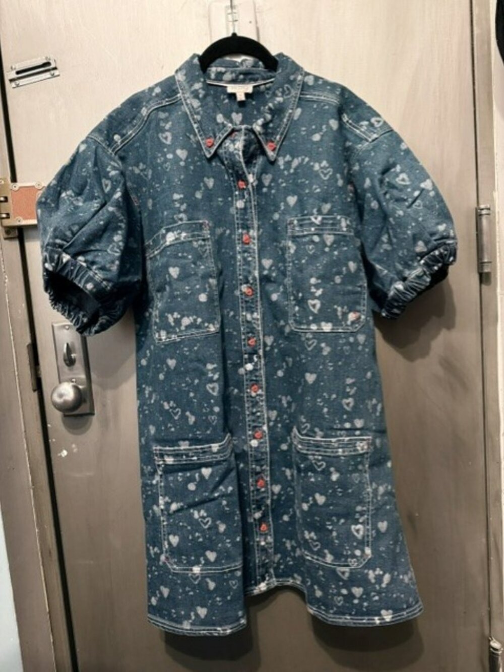 Pilcro Heart Print Denim Button-down Shift Mini Dress with Puff Sleeves - Picture 7 of 16
